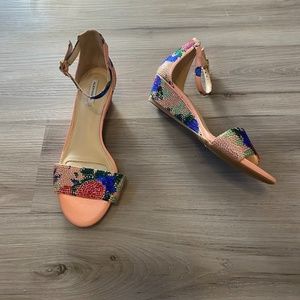 Alex Marie Colorful Rhinestone floral Studded Pink wedge heels 7.5